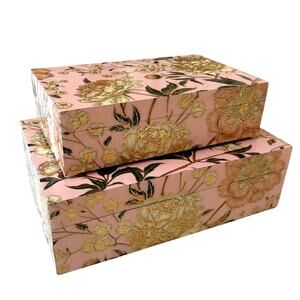 Pink Floral Resin & Wood Box Set of 2 Handcrafted in India Gold Accents NEW